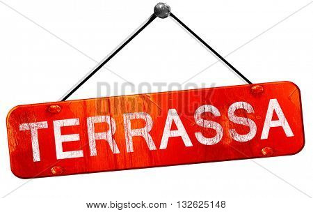 Terrassa, 3D rendering, a red hanging sign