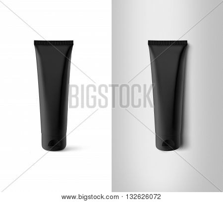 Blank black tube design mockup set, isolated, clipping path. Clear cream packaging stand and lies mock up. Lotion skin care empty package bottle template container. Scincare cosmetic gel tube flacon.