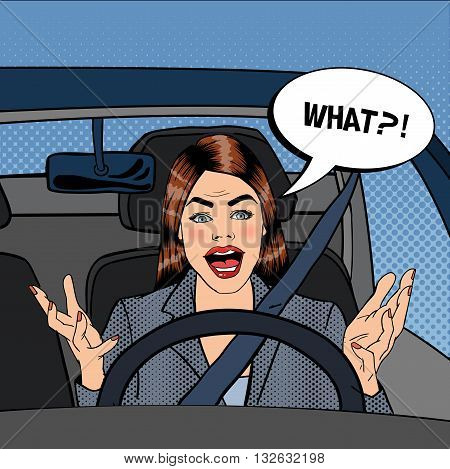 Angry Woman Driver. Pop Art. Vector illustration