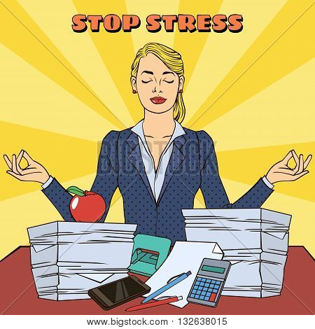 Businesswoman in Yoga Pose. Pop Art. Vector illustration