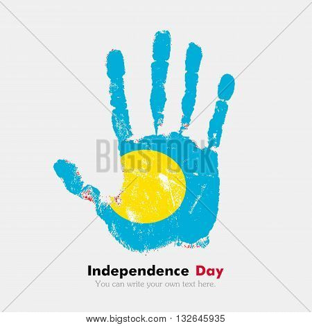 Hand print, which bears the Flag of Palau. Independence Day. Grunge style. Grungy hand print with the flag. Hand print and five fingers. Used as an icon, card, greeting, printed materials.