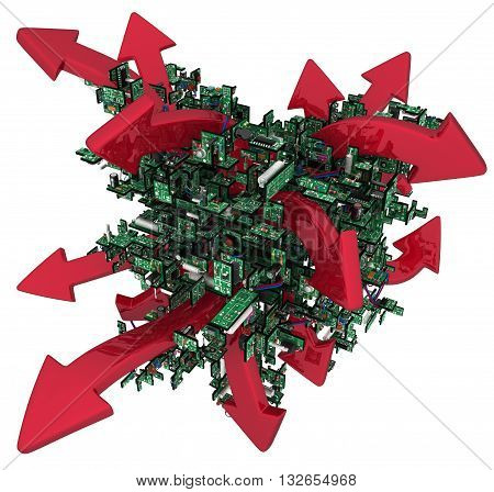 Electronic circuit red arrows abstract over white 3d illustration