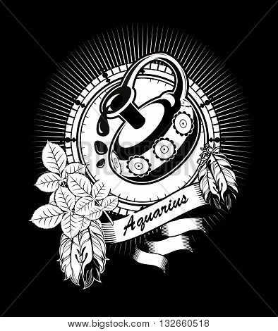 vector illustration Aquarius horoscope frame in vintage black and white