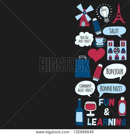 Learn french Online courses Language school Vector set of doodle icons Hand drawn images