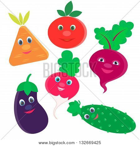 Fresh vegetables Radish Beet Carrot Eggplant Cucumber Tomato for logo and advertising grocery store and menu