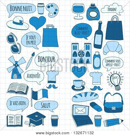 Learn french Online courses Language school Vector set of doodle icons Hand drawn images