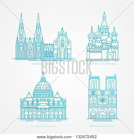 Linear icion set. World famous cathedral. Landmarks of europe.. Cologne Cathedral Notre Dame de Paris Cathedral St. Peter Basilica St. Basil Cathedral