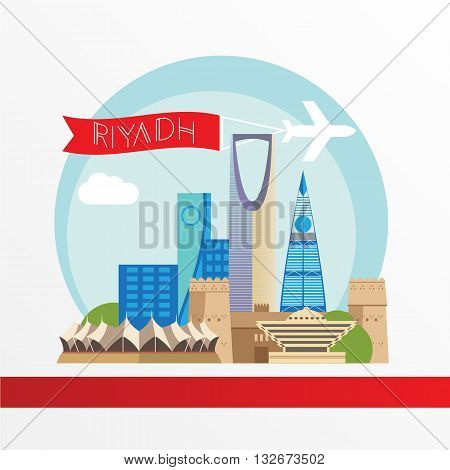 Riyadh detailed silhouette. Trendy stylish colorful landmarks. The concept for a web banner. Masmak Fortress and Kingdom tower - The symbol of Riyadh Saudi Arabia