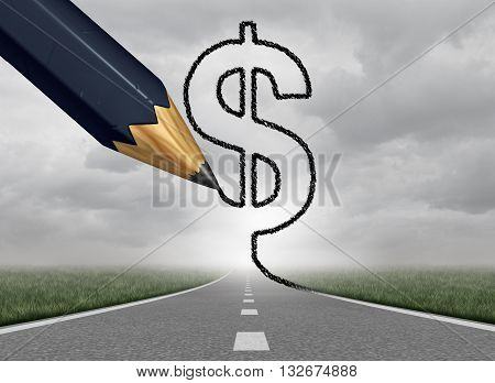 Business profit and wealth path as a money road to fortune with a black pencil drawing a dollar currency symbol on a success highway with 3Dillustration elements.