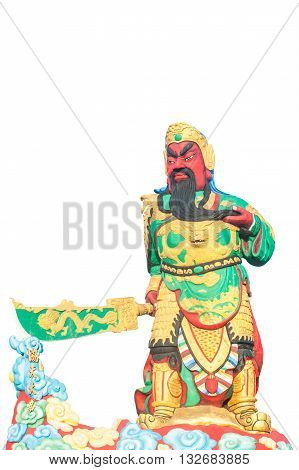 Statue Of Guan Yu Deva [God of honor] Isolated on white background with clipping path, This is public in thailand