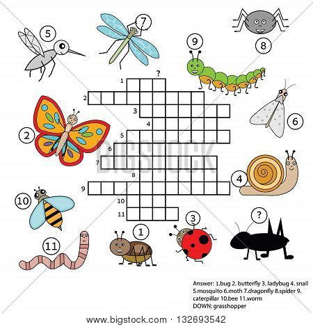 Crossword educational children game with answer. Learning vocabulary animals and insects theme. vector illustration printable worksheet
