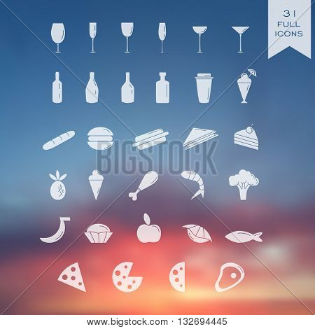 Set of 31 transparent icons on blutted background. For restaurant or cafe. Web design