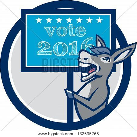 Illustration of a democrat donkey mascot of the democratic grand old party gop smiling holding a sign placard with Vote 2016 and stars set inside circle done in cartoon style.