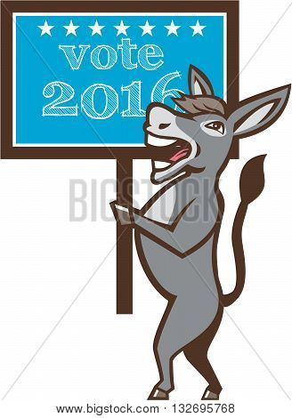 Illustration of a democrat donkey mascot of the democratic grand old party gop smiling holding a sign placard with Vote 2016 and stars set on isolated background done in cartoon style.