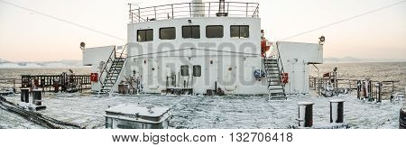 Vanino RUSSIA on 9 January 2014 : the deck of the ferry to Sakhalin in the winter early in the morning