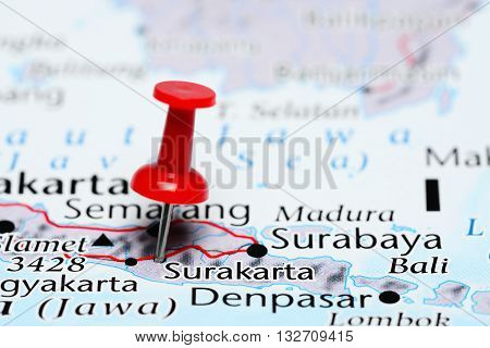 Surakarta pinned on a map of Indonesia