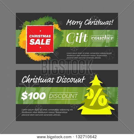 New Year Gift voucher design with sale tag and green tree