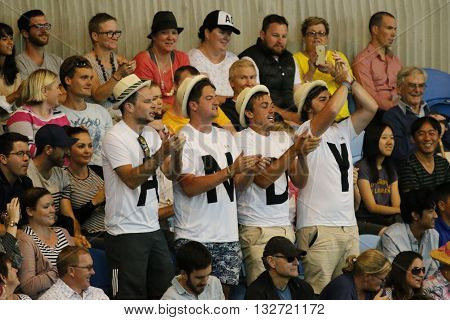 MELBOURNE, AUSTRALIA - JANUARY 23, 2016: Andy Murray support team at Rod Laver Arena during Australian Open 2016 round 4 match at Rod Laver Arena in Melbourne Park
