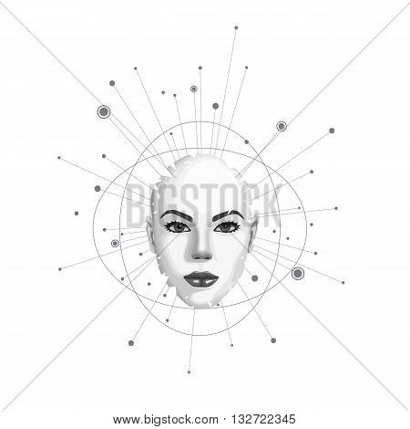 Abstract female face shatters into pieces. Vector illustration