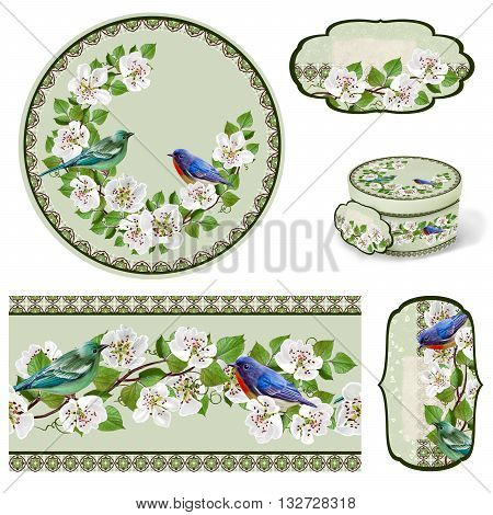 The branch of a flowering pear. White flowers. Blooming trees. Set for packaging. Box round. Label.decoupage. Floral background. Flower border. Pattern. Mosaic. Blue bird.
