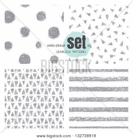 Chalk seamless stripes triangles rounds on white background. Gray wide stripes with rough artistic edges. Vector texture.