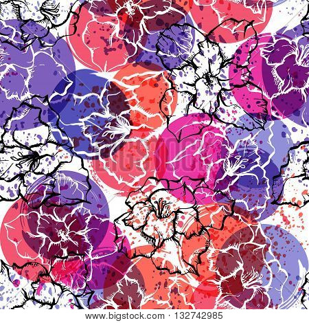 Seamless Modern Floral Pattern With Gladioli, Spots, Blots And Splashes Of Paint