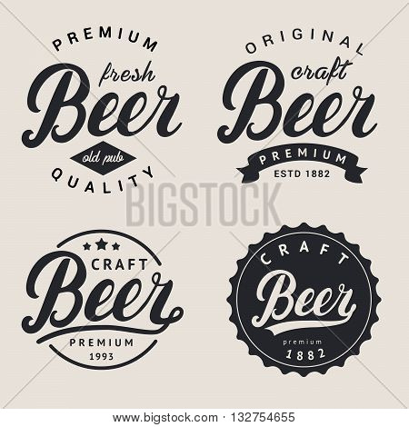 Set of lettering beer logo. Logotype, label and badge design. Retro vintage style. Vector design element, business sign template for beer house, brewing company, beer house, pub, bar.