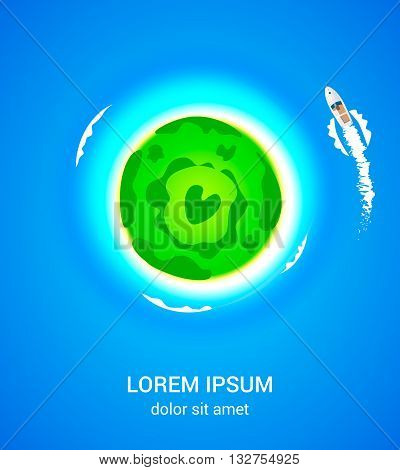 Tropical island with boat. Summer holidays, vacation. Travel card, poster, banner. Time to travel. Top view. Vector illustration.