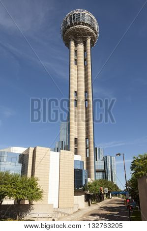 DALLAS USA - APR 7: The famous Reunion Tower with a 171 m high observation deck in Dallas Downtown. April 7 2016 in Dallas Texas USA