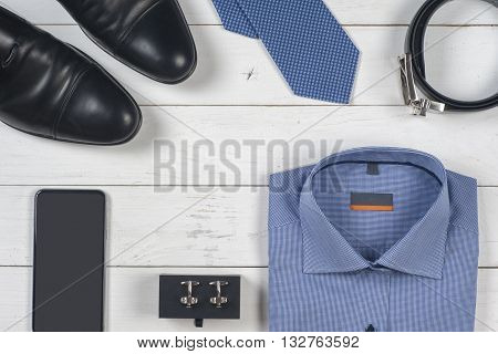 Set Of Men's Clothing And Shoes On Wooden Background. Men Accessories. Black Elegant Accessories