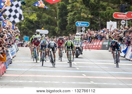MELBOURNE, AUSTRALIA - FEBRUARY 1: The sprint finish with Gianni MEERSMAN leading in the inaugral Cadel Evans Great Ocean Road Race