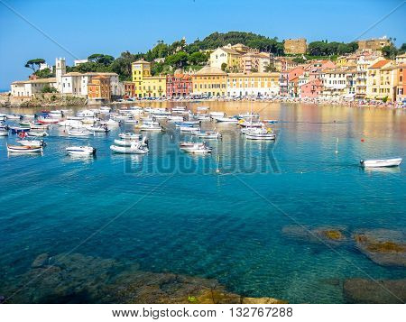 Aerial view of the spectacular and famous Bay of Silence with its boats and its lovely beach. Sestri Levante, Province of Genoa in Liguria, Italy.