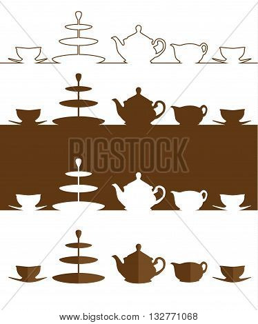 Vector. Tea set. A silhouette of a tea pot milk jug cups saucers and 3 tier cake stand. Isolated illustration