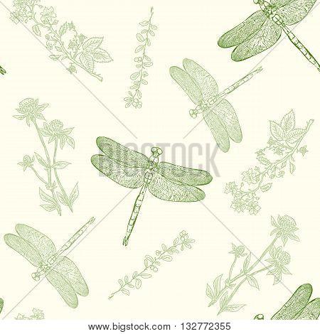 Dragonfly seamless pattern dragonfly background hand drawn vintage sketch vector illustration