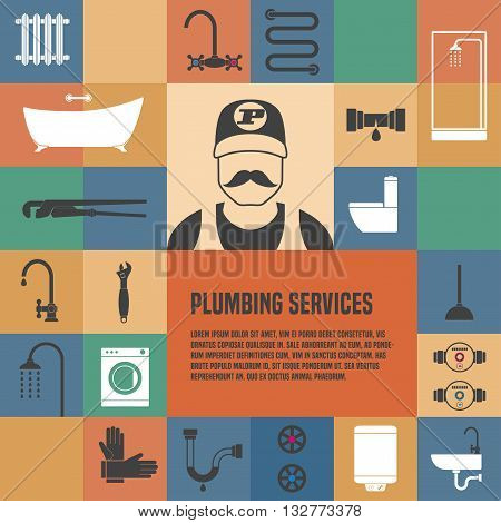 Plumbing service template design element for article flyer advertsing materials. Plumbing tools and equipment