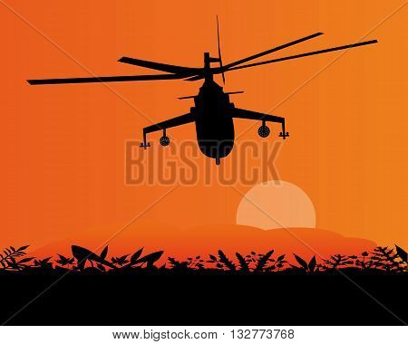military helicopter flying in the sky sunset
