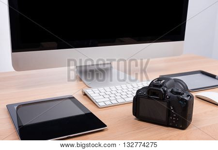 Dslr Digital Camera With Tablet And Computer Pc