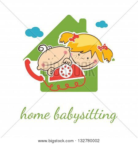 Home babysitter vector concept with funny boy and girl