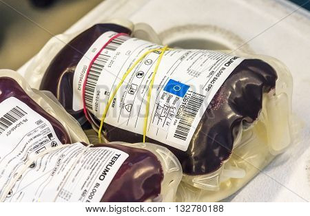 SELANGOR MALAYSIA - MAY 07 2016 :Human blood in storage during blood donation event from SETIA developer together with Pusat Darah Negara (Country Blood Centre) at Trefoil Setia Alam Selangor.