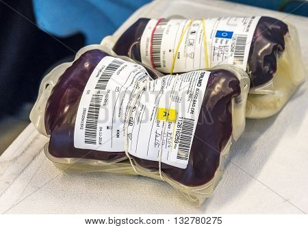 SELANGOR MALAYSIA - MAY 07 2016 :Human blood in storage during blood donation event from SETIA developer together with Pusat Darah Negara (Country Blood Centre) at Trefoil Setia Alam Selangor.