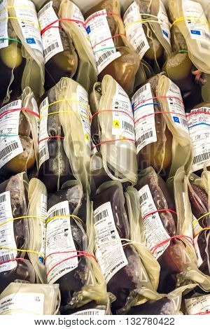 SELANGOR MALAYSIA - MAY 07 2016 :Human blood in storage during blood donation event from SETIA developer together with Pusat Darah Negara (Country Blood Centre) at Trefoil Setia Alam Selangor.