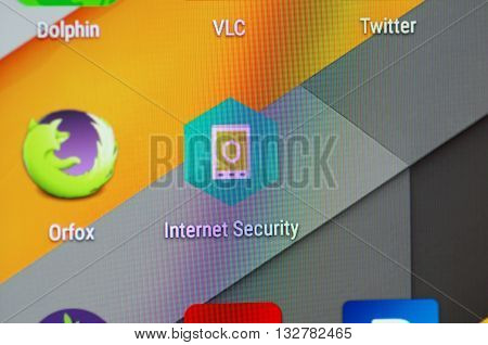 SARANSK, RUSSIA - JUNE 04, 2016: A smartphone screen shows Kaspersky Internet Security icon on the screen. Selective focus.