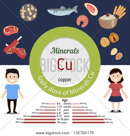 Minerals Cu and vector set of minerals Cu rich foods. Healthy lifestyle and diet concept. Daily dose of minerals of copper.