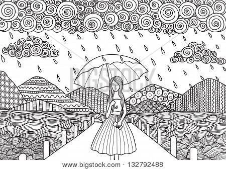 Beautiful girl walking on the bridge while it's raining, doodle art design for adult coloring book pages and other decorations
