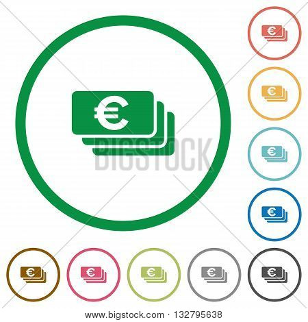 Set of Euro banknotes color round outlined flat icons on white background