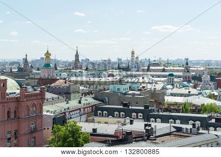 View to Downtown, Spassky tower, the bell tower of Ivan the Great in Moscow. Russia
