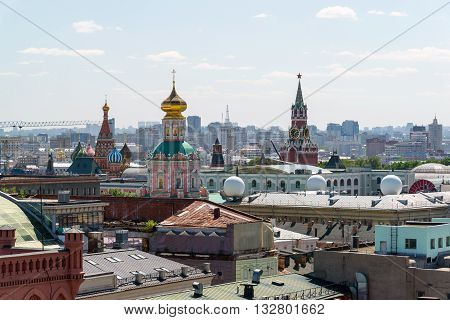 View to Downtown, Spassky tower, the bell tower of Ivan the Great in Moscow. Russia