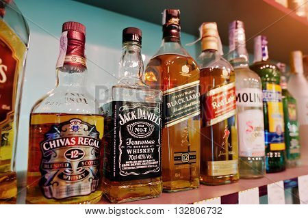Kyiv, Ukraine - March 25, 2016: Various Alcoholic Beverages Bottles In The Bar. Chivas Regal, Jack D