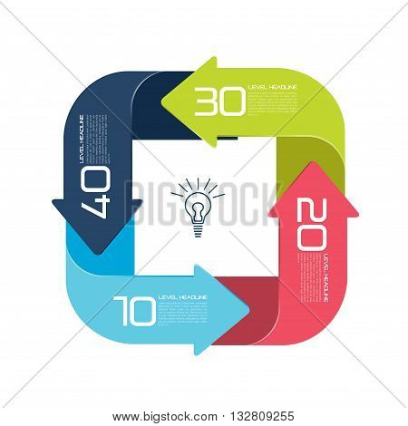 Square infographics divided in four parts arrows. Template, scheme, diagram, chart, graph, presentation. Business concept with 4 steps, options, processes.