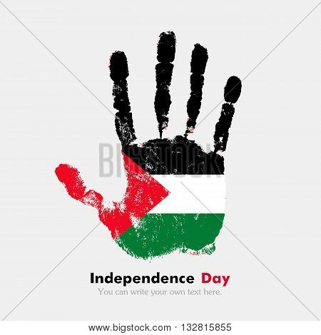 Hand print, which bears the Flag of Palestine. Independence Day. Grunge style. Grungy hand print with the flag. Hand print and five fingers. Used as an icon, card, greeting, printed materials.